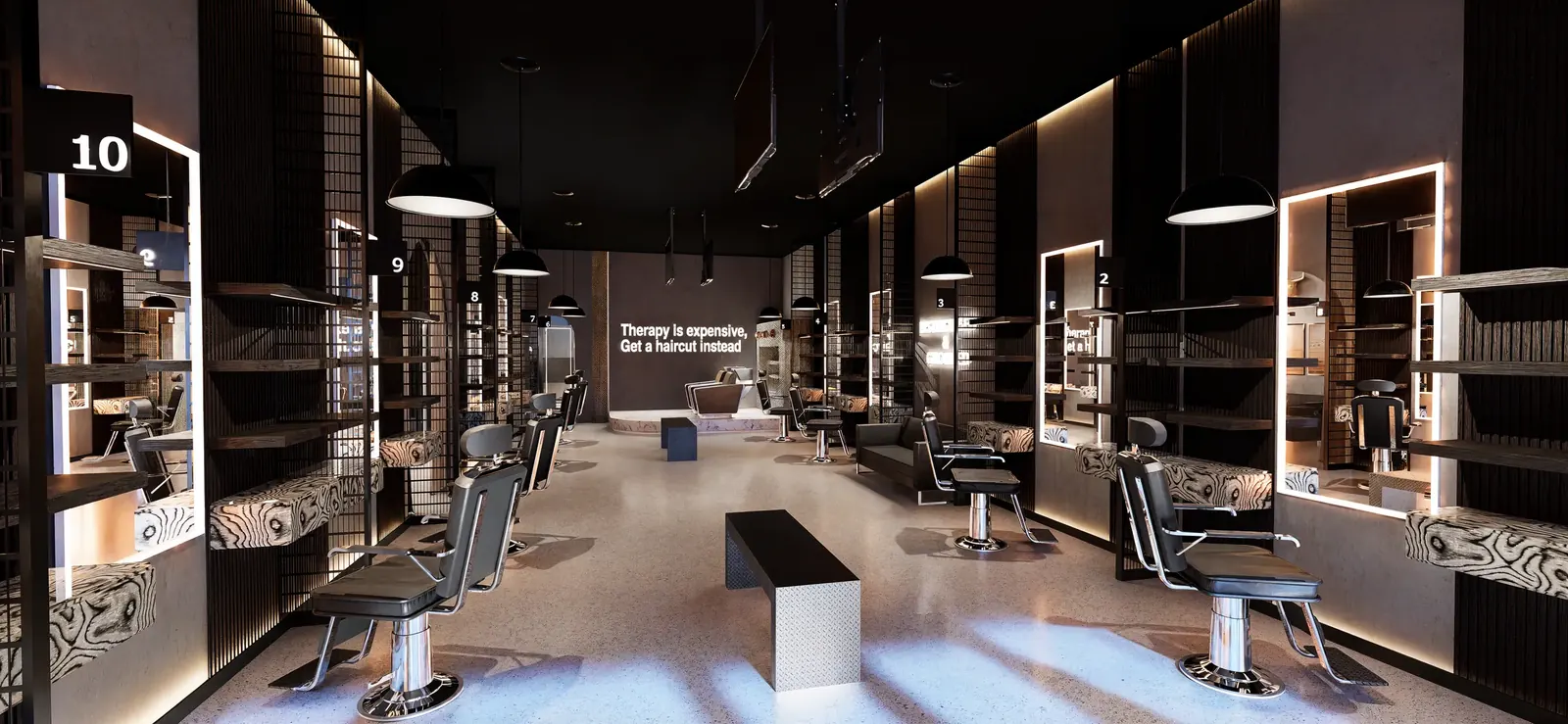 3D rendering of DG's barber workstations
