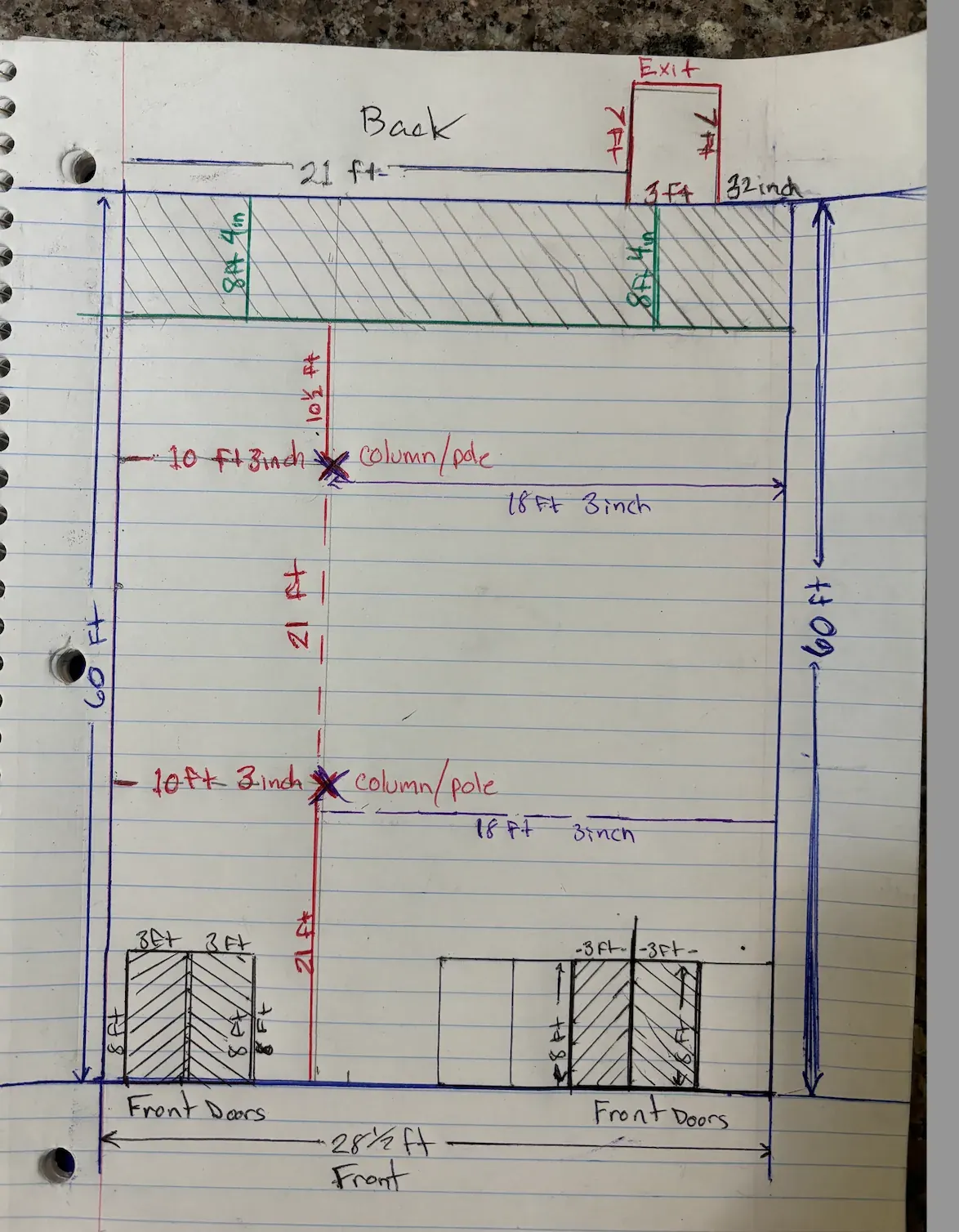 Hand-measured floor plan of the DG's Barber Shop shell